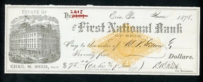 US CHECK  THE FIRST NATIONAL BANK OF ERIE 1878 PAID AU. - Image 1 of 2