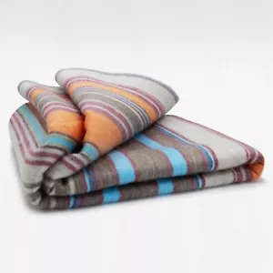 LUXURIOUS STRIPED ALPACA WOOL BLANKET 96x67 in MULTICOLOR ORANGE BLUE TAUPE - Picture 1 of 12