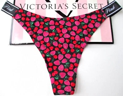 VICTORIA'S SECRET PINK High Leg Cotton Thong Panty M L XL Strawberry Cherry VS - Image 1 of 4