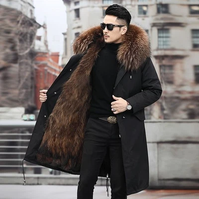 Men's Mink Fur Lining Parka Jacket Warm Winter Coat Mink Fur Mid Long Fur Coats - Image 1 of 4