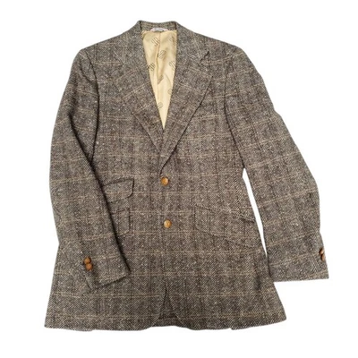 Bill Blass Brown Herringbone Wool Tweed Jacket Blazer Sport Coat Wood Button 40L - Image 1 of 4