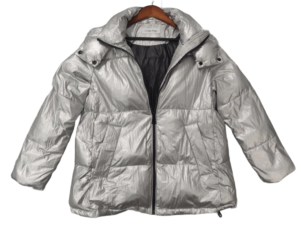 Abrigo de invierno Calvin Klein para mujer M metálico plateado con capucha cremallera completa acolchado Foto 1 de 4