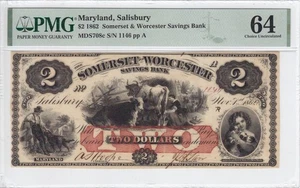 1862 $2 Somerset & Worcester Savings Bank Note Salisbury MD PMG CU64 #1146 - Picture 1 of 2