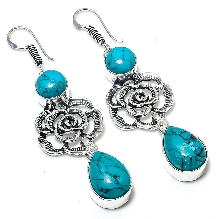 Green Turquoise Gemstone Handmade 925 Starling Silver Jewelry Earring Sz 2.25" - Image 1 of 1