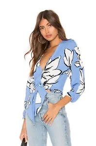 NWT Parker Tasmin V-Neck 3/4 Sleeve Tie-Front Blouse Top Blue Floral XS $198 - Picture 1 of 9