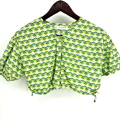 Zara Girls 13-14 Summer Cotton Green Blue Cropped Geometric Poplin Top Button - Image 1 of 4