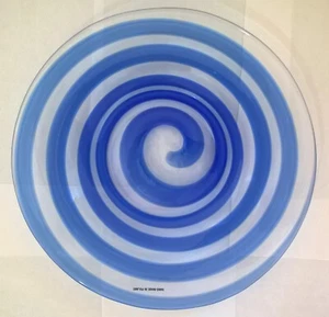 Poland Hand Blown Art Glass Thick Platter Plate Bowl 12" Blue Clear Spiral NICE! - Picture 1 of 17