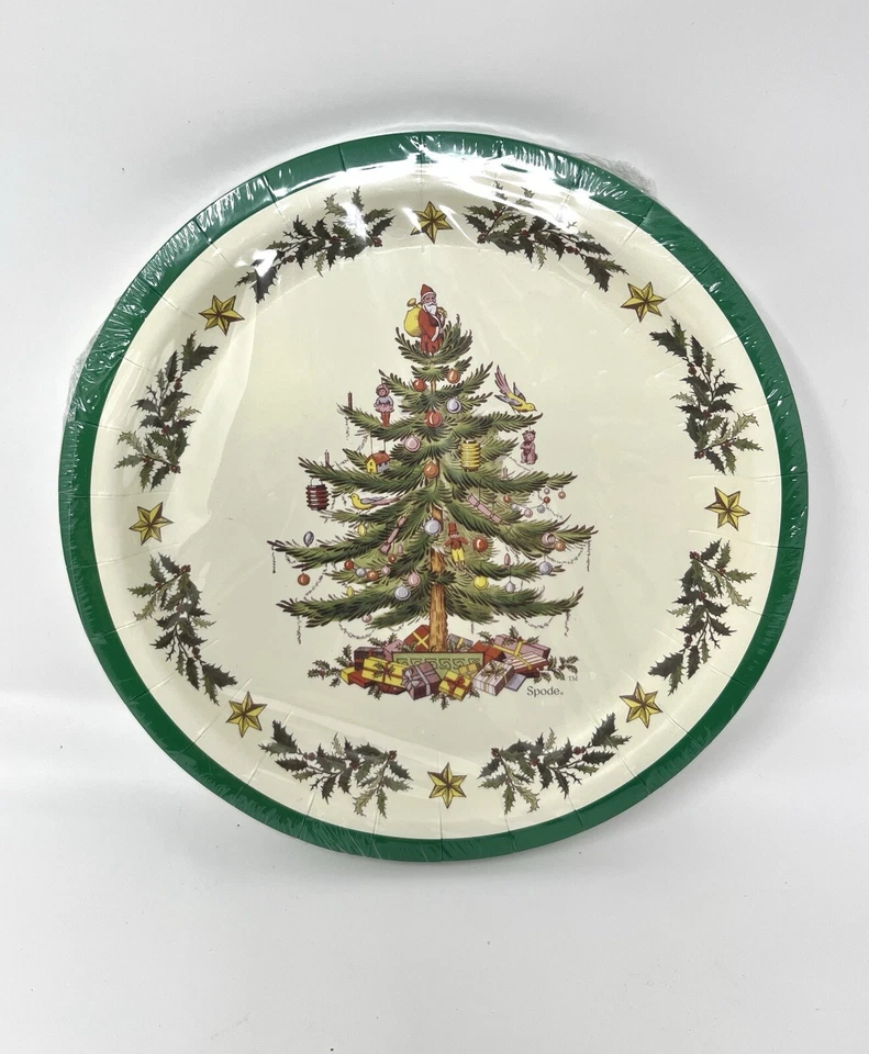 SPODE CHRISTMAS TREE WITH STARS 16 COATED LUNCH/DESSERT PAPER PLATES NEW - Image 1 of 1