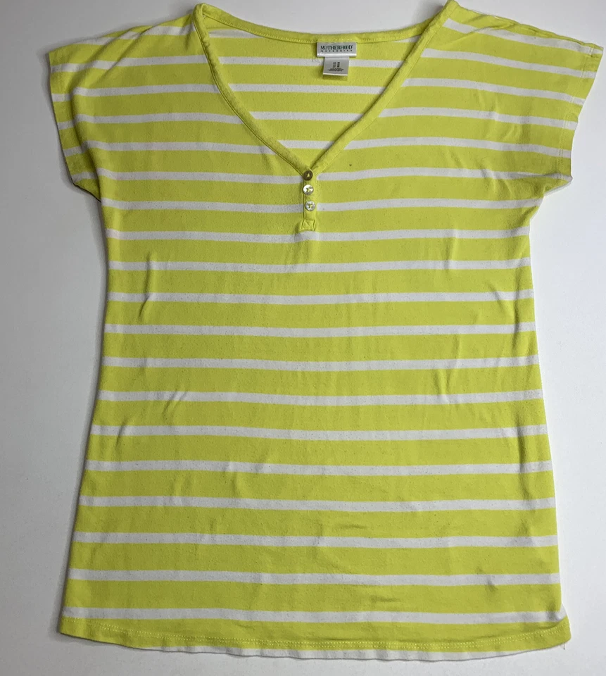 Motherhood Maternity Women Top Yellow M Short Sleeve Stripe Button Accents - Image 1 of 4