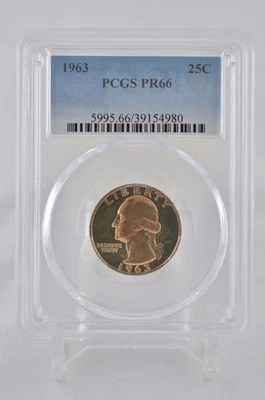 PR66 1963 PCGS GRADED SILVER WASHINGTON QUARTER UNC. PROOF  NATURALLY TONED COIN - Image 1 of 4