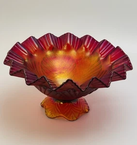 Vintage Fenton Amberina Red Iridescent Stretch Glass Footed Ruffled Bowl 8.5"" - Picture 1 of 5