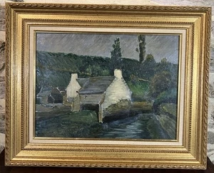 Ancienne huile sur panneau : Vue présumée de Bretagne Finistère Pont-Aven France - Foto 1 di 11