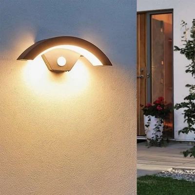 Modern Curved Outdoor LED Wall Light PIR Motion Sensor Lamp Outside Garden Porch - Image 1 of 4