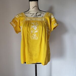J.Crew Embroidered Boho Blouse Square Neck Yellow Cream Linen Blend Women Sz.PM