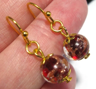 Dark RED Venetian Italian Murano Glass Gold Foil Bead Vintage Style EARRINGS - Image 1 of 4