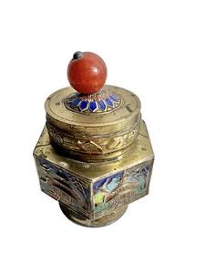 Antique Chinese Enamel & Brass Tea Caddy, Metal Snuff Box Trinket Jar, Coral - Picture 1 of 8