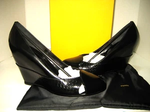 $570 NEW Fendi US 9 EU 39.5 Black Patent Leather FF Logo Wedge High Heels Shoes - Picture 1 of 12