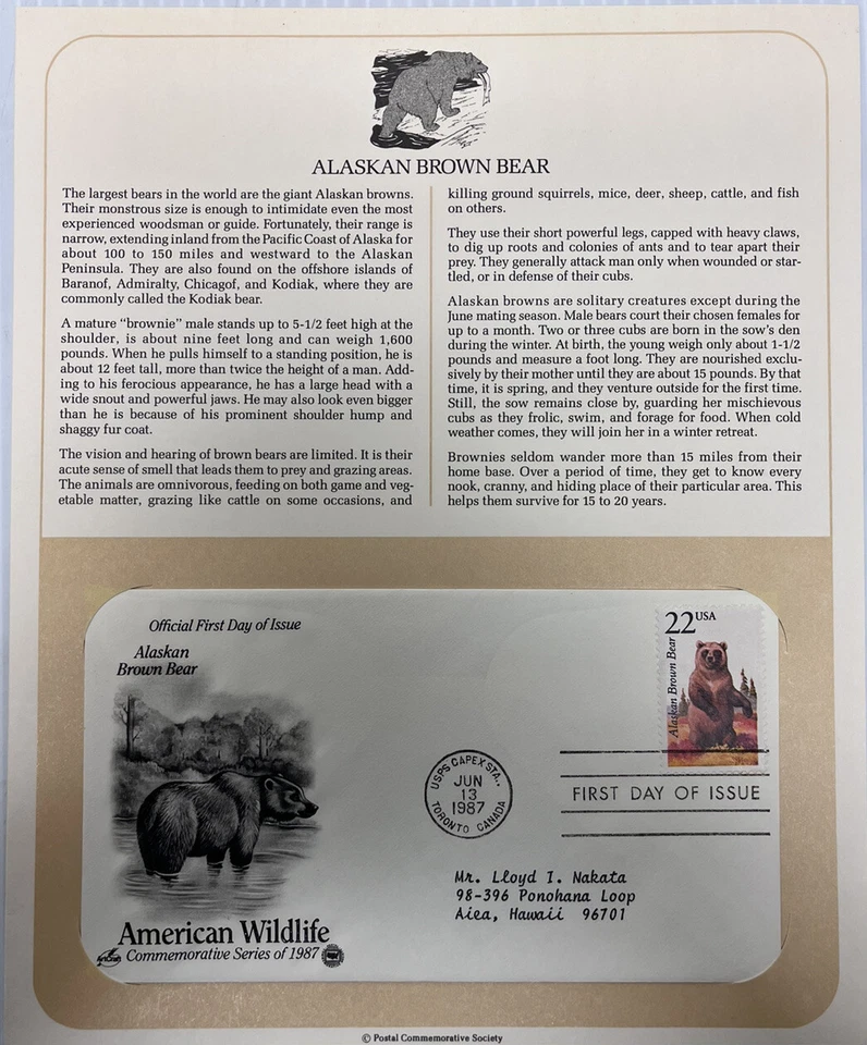 American Wildlife Mail Cover FDC & Info Sheet Alaskan Brown Bear 1987 - Image 1 of 4