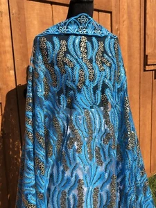 Glitter Floral Blue Lace With Sequined Gold Embroidery.Sparkly.Good Quality! BTY - Picture 1 of 8
