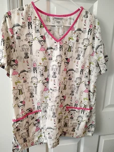 Scrubstar 3 Pocket White "Dog Walking" Scrub Top Size M - Picture 1 of 2