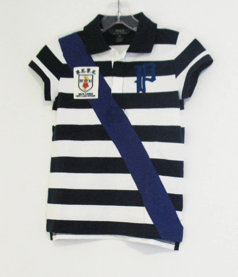 Polo Ralph Lauren Girls Banner Stripe Short Sleeve Rugby Shirt Newport Navy Sz S - Image 1 of 1