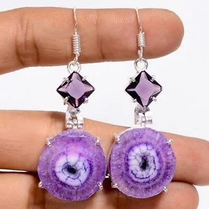 Solar Quartz Amethyst Gemstone Fashion Jewelry 925 Silver Earrings 2.2" ARE-5202 - Picture 1 of 3