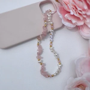 Pasek na telefon z różowego kwarcu, niestandardowy charm telefonu z koralikami na nadgarstek, charm etui na telefon - Zdjęcie 1 z 6