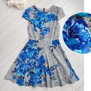 Betsy Johnson Blue Floral Dress Fit Flare Mini Puff Sleeve Scuba Skater Midi S - Picture 1 of 13
