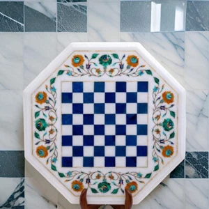 White Marble Chess Board Set With Pieces, Inlay Stone Floral Art Chess Board Set - Picture 1 of 4