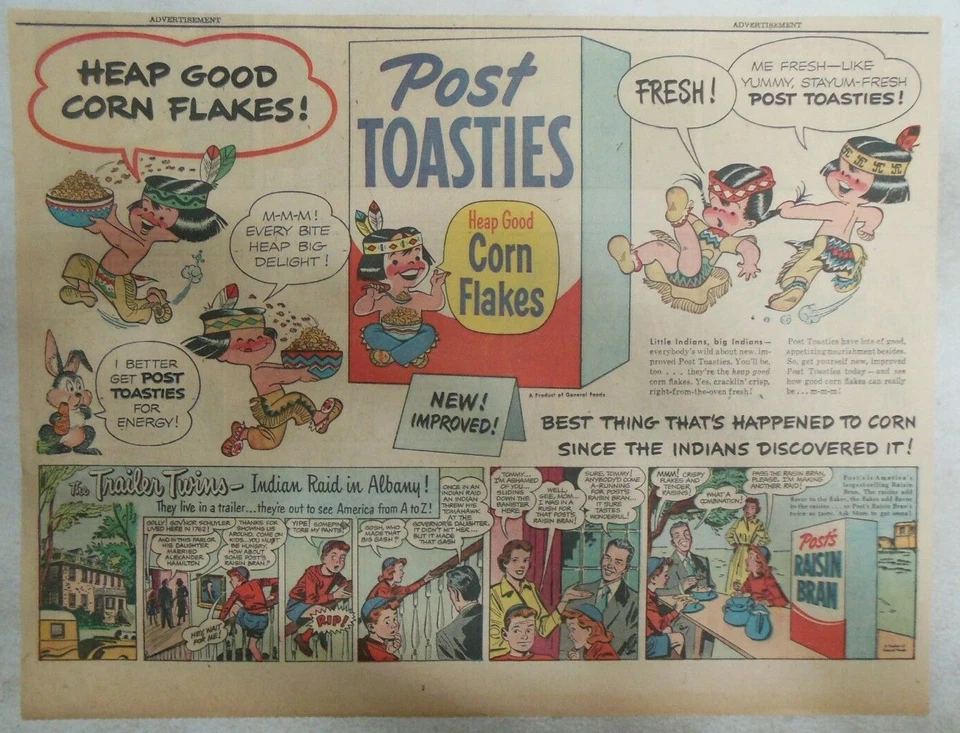 Post's Cereal Ad: Trailer Twins "Indian Raid in Albany NY" 1950's 11 x 15 inches - Image 1 of 1