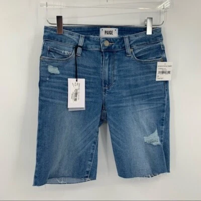 Paige Jax Pantalones Cortos Rodilla Vaqueros Denim Desgastado Dobladillo Crudo Corte Nuevo 25 Foto 1 de 4