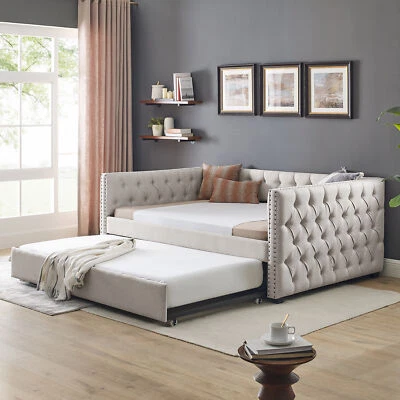 Linen Daybed Frame Full Daybed Twin Trundle Upholstered Tufted Sofa Bed Beige US - Image 1 of 4