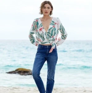 Roxy Empire State Long Sleeve Wrap Top for Women Floral White Green Size Small S - Picture 1 of 9