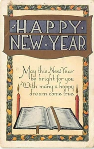 Postal: Feliz Año Nuevo, Libro y Velas, Publicado, 1920, Vintage - Imagen 1 de 2