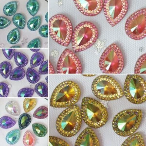 Flatback Applique AB Colorful Resin Ornament Glitter Water-drop Rhinestone - Picture 1 of 13