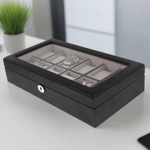 Premium Black Oak Veneer Watch Box for 12 Watches - Picture 1 of 7
