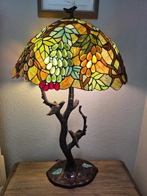 32.5" Antique Vintage Style Stained Glass Oval Fruit Grapes Table Lamp - Image 1 of 4