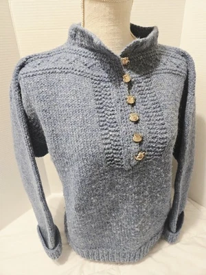 Suéter Azul Talla L 100% Lana Hecho a Mano Juego de Té Botones Boho Preppy Foto 1 de 4