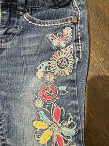 Vintage Squeeze Stretch Embroidered Flare Bottom Girls Blue Jeans Size 4 Y2K - Picture 1 of 4