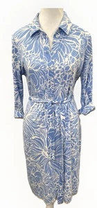 Talbots Petites Sz MP Blue White Classic Floral Belted Button Shirtdress Comfort - Picture 1 of 15