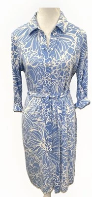 Talbots Petites Sz MP Blue White Classic Floral Belted Button Shirtdress Comfort - Image 1 of 4