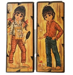2 Vintage Jolylle F Idylle Big Eyed Children Wall Art Plaque Girl Boy Italy Teen - Picture 1 of 5