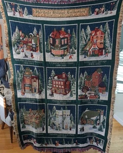 Vintage Dept 56 Xmas Heritage Village arazzo cotone made USA coperta 46x68 - Foto 1 di 17