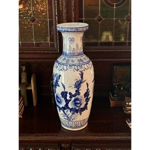 XL 23" Vintage blau & weiß Porzellan Vase Vögel & Landschaft Chinoiserie - Bild 1 von 4