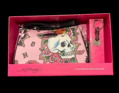 Ed Hardy Pink Tattoo Skull Convertible Wristlet w/Keychain Gift Set ~ New In Box - Image 1 of 3