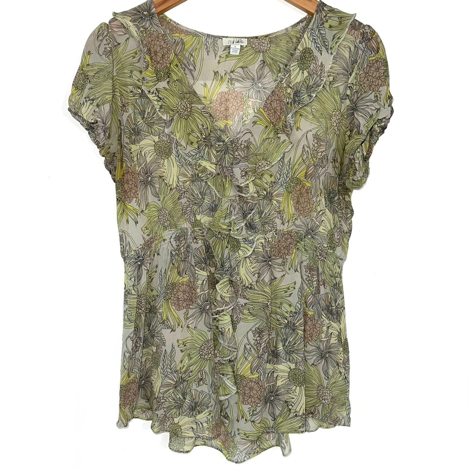 Top Anthropologie Odille Floral Viento Tirado Flores Silvestres Seda Verde Volantes Talla 6 Foto 1 de 4