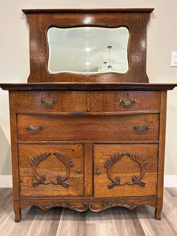 1930's Tiger Maple Sideboard with Beveled Mirror and Intricate Hand Carvings Cover