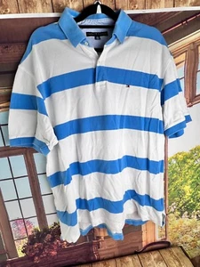 Tommy Hilfiger Men's striped polo shirt Blue and White short sleeve XL - Picture 1 of 7