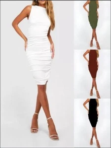 WOMENS SLEEVELESS RUCHED GATHERED BODYCON STRETCH RIBBED MINI PARTY DRESS - Picture 1 of 6
