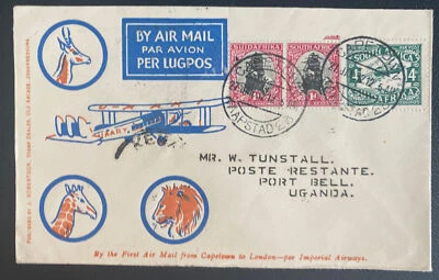 1932 Ciudad del Cabo Sudáfrica Primer Vuelo Correo Aéreo Cubierta FFC a Port Bell Uganda Foto 1 de 2
